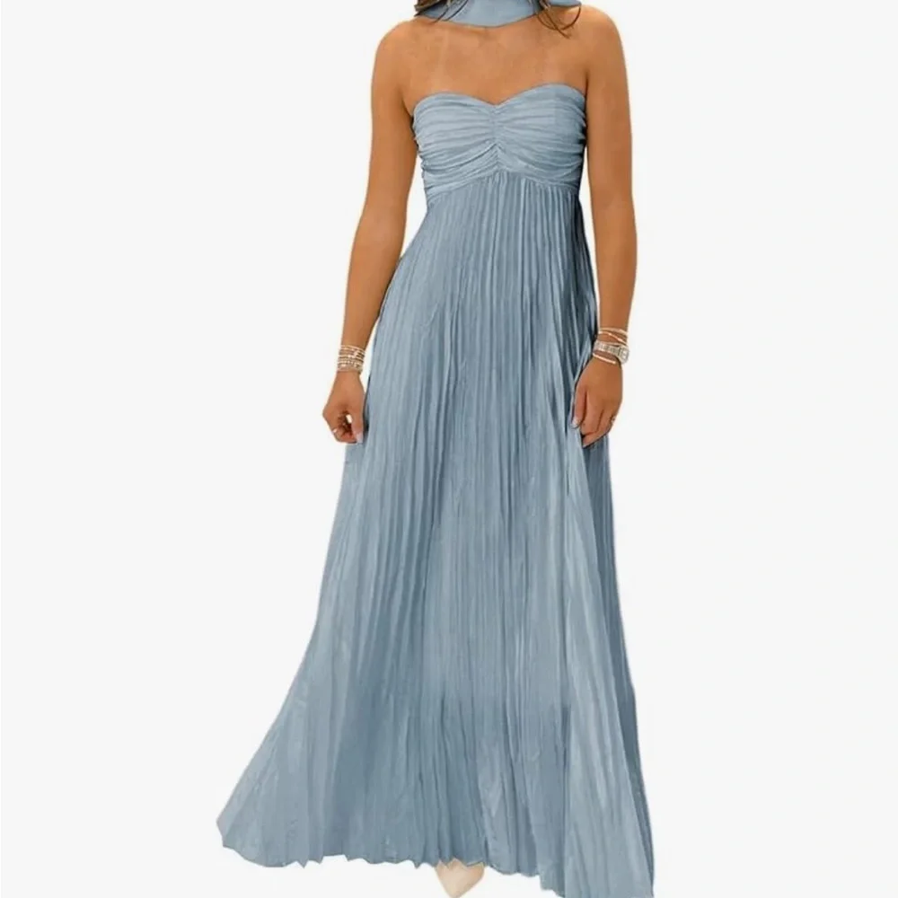 Amazon Strapless Dusty Blue Pleated Dress - Picture 5 of 5